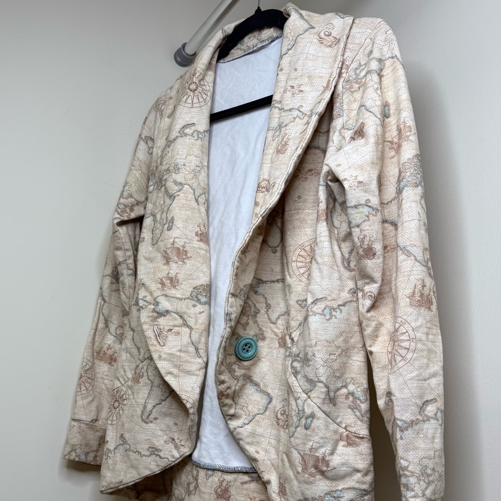 Beige Map Print Blazer with Teal Button | Rare Compass & Continental Earth Print